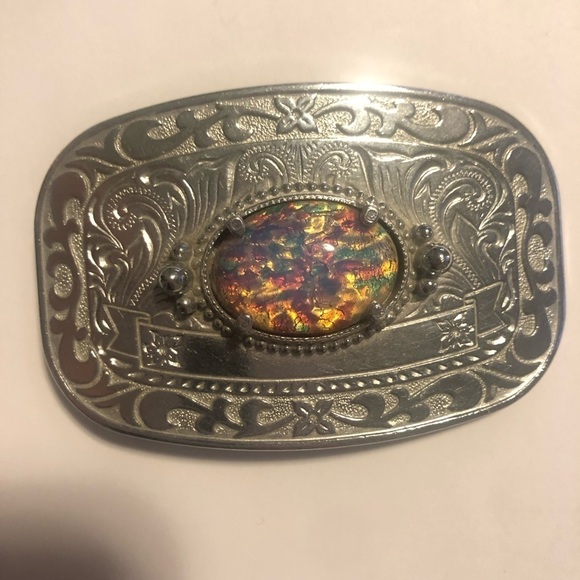 VTG Glass Opal Simulated Cabochon Floral Etched Silver Tone Buckle 2.8” x 1.7” - Picture 4 of 7